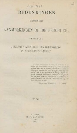 Bedenkingen tegen de aanmerkingen op de brochure, getiteld: "Beschouwingen over den geldsomloop in Nederlandsch-Indie"