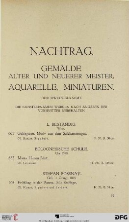 Nachtrag. Gemälde alter und neuerer Meister, Aquarelle, Miniaturen (Nr. 661-679)