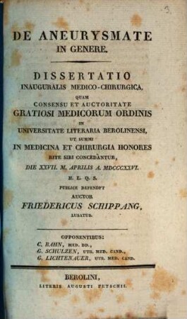 De aneurysmate in genere : dissertatio inauguralis medico-chirurgica