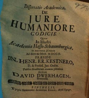Dissertatio Academica, De Jure Humaniore Codicis