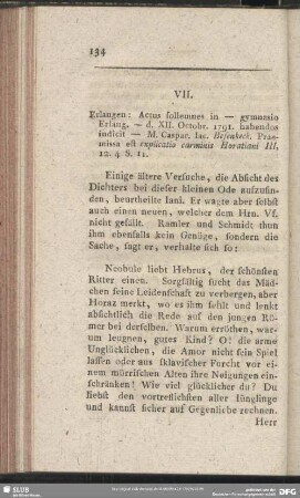 VII. Erlangen: Actus sollemnes in - gymnasio Erlang. - d. XII. Octobr. 1791. habendos indicit - M. Caspar. Jac. Besenkeck. Praemissa est explicatio carminis Horatiani III, 12. 4 S. 11.