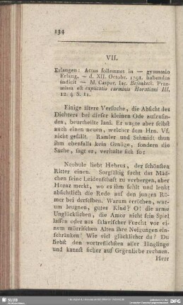 VII. Erlangen: Actus sollemnes in - gymnasio Erlang. - d. XII. Octobr. 1791. habendos indicit - M. Caspar. Jac. Besenkeck. Praemissa est explicatio carminis Horatiani III, 12. 4 S. 11.