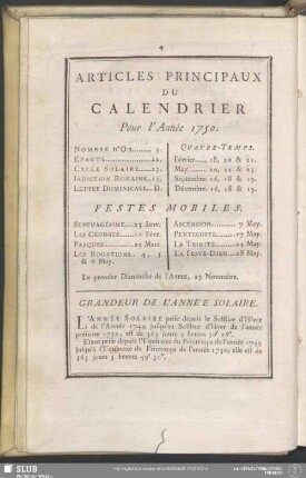 Articles Principaux Du Calendrier Pour L'Année 1750