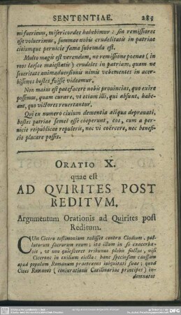 Oratio X. quae est Ad Quirites Post Reditum. Argumentum Orationis Quirites post Reditum