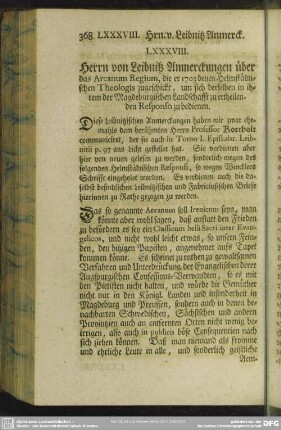 LXXXVIII. Herrn von Leibnitz Anmerckungen über das Arcanum Regium, ...