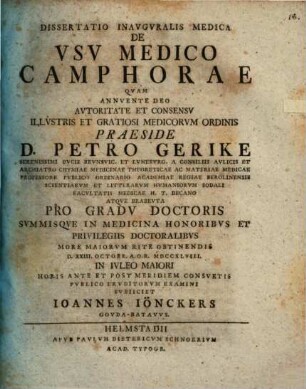 Diss. inaug. med. de usu medico camphorae