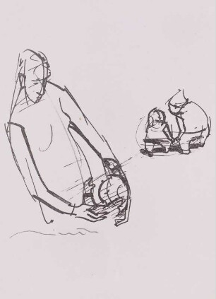 Frau, ein Kind umfassend, links neben zwei Kleinen (verworfene Arbeit)