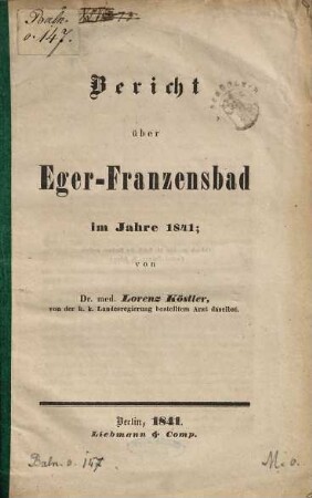 Bericht über Eger-Franzensbad im Jahre 1841