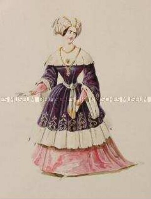 Frau im violetten Samtkleid mit Pelzbesatz und rotem Unterrock - Tafel aus Franceschini/Kostümbilder (Kassette 1)