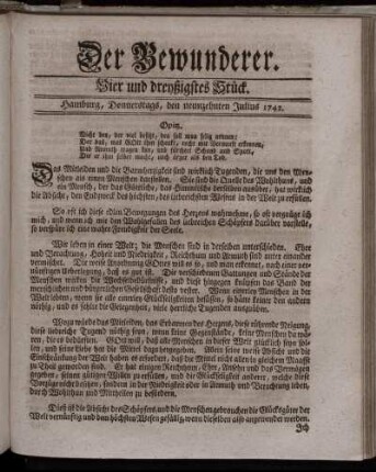 Vier und dreyßigstes Stück. Hamburg, Donnerstags, den neunzehnten Julius 1742.