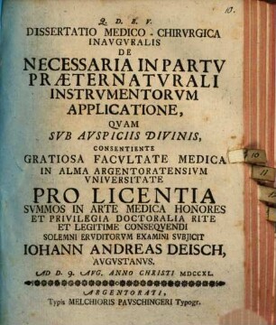 Dissertatio Medico-Chirvrgica Inavgvralis De Necessaria In Partv Praeternatvrali Instrvmentorvm Applicatione