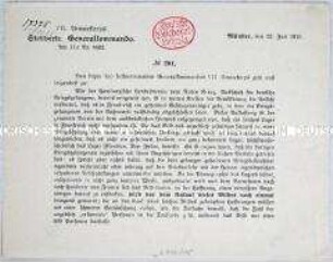 Rundschreiben des stellvertretenden Generalkommandos des VII. Armeekorps zu dem Kriegsgefangenenlager von Issoudun/Indre