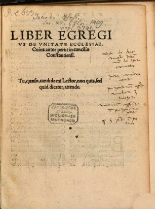 Liber Egregivs de Vnitate Ecclesiae, Cuius autor periit in concilio Constantiensi