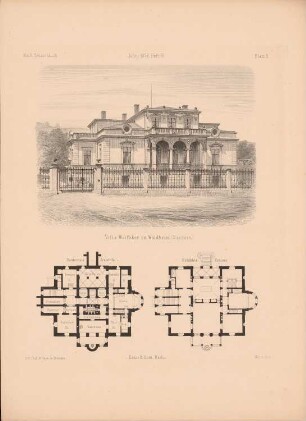 Villa Weißker, Waldheim: Grundrisse, Perspektivische Ansicht (aus: Architektonisches Skizzenbuch, H. 1115/4, 1872)