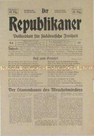 Linke Wochenzeitung "Der Republikaner" mit einer Lebensbeschreibung des Eisner-Mörders Graf Arco