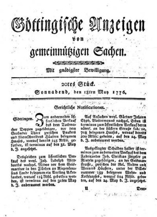 20tes Stück. Sonnabend, den 18ten May 1776.