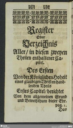 Register Oder Verzeichnis Aller, in diesem zweyen Theilen enthaltener Capitel