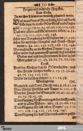 Folgen vier nützliche Register. Das Erste. In welchen Psalmen vornemlich gehandelt werde.