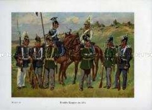 Uniformdarstellung, Infanteristen und Kavalleristen verschiedener deutscher Staaten, um 1850.
