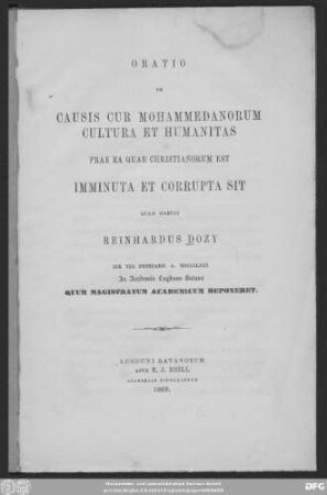 Oratio de causis cur Mohammedanorum cultura et humanitas