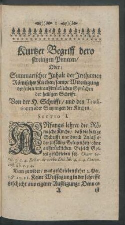 Kurtzer Begriff dero streitigen Puncten/ Oder: Summarischer Inhalt der Irrthumen Römischer Kirchen/ ...