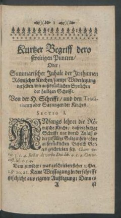 Kurtzer Begriff dero streitigen Puncten/ Oder: Summarischer Inhalt der Irrthumen Römischer Kirchen/ ...