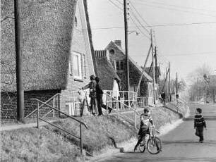 Idyllische reetgedeckte Häuser am Elbdeich in Vierlande - einem Gebiet im Hamburger Bezirk Bergedorf. Kinder spielen auf der Straße