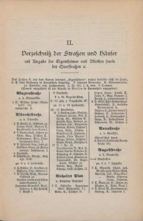 II. Verzeichniß der Straßen und Häuser