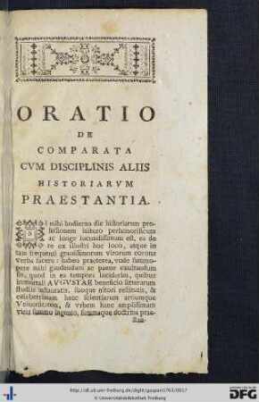 Oratio De Comparata Cum Disciplinis Aliis Historiarum Praestantia.