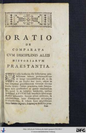 Oratio De Comparata Cum Disciplinis Aliis Historiarum Praestantia.