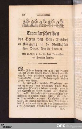Circularschreiben des Herrn von Hay, Bischof zu Königgrätz an die Geistlichkeit seiner Diöces, über die Toleranz, vom 20. Nov. 1781.