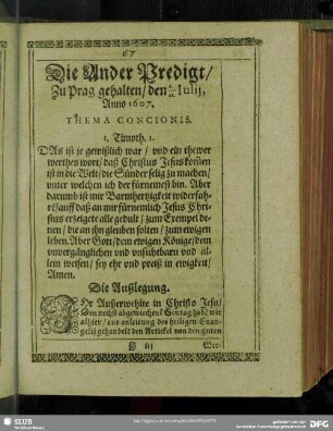 Die Ander Predigt, Zu Prag gehalten, den 1./11. Julij, Anno 1607