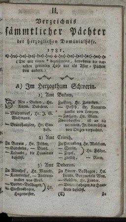 II. Verzeichnis sämmtlicher Pächter der herzoglichen Domanialhöfe. 1781