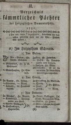 II. Verzeichnis sämmtlicher Pächter der herzoglichen Domanialhöfe. 1781