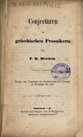Programm des Grossherzoglichen Lyceums in Wertheim : vom Schuljahre .... 1862