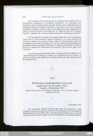 (37) Déclaration supplémentaire à l'accord anglo-turc du 29 juillet 1913 Londres, 10 décembre 1913