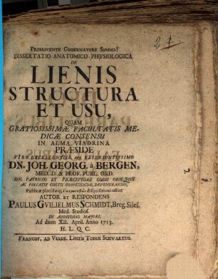 Dissertatio Anatomico-Physiologica De Lienis Structura Et Usu