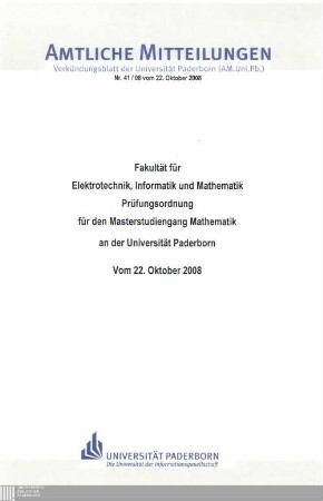 Prüfungsordnung für den Masterstudiengang Mathematik an der Universität Paderborn : vom 22. Oktober 2008