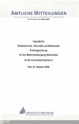 Prüfungsordnung für den Masterstudiengang Mathematik an der Universität Paderborn : vom 22. Oktober 2008