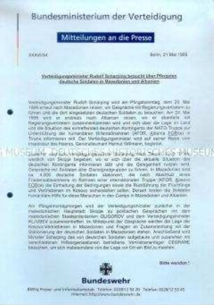 Pressemitteilung des Bundesministeriums der Verteidigung Nr. XXXVI/34 zum geplanten Besuch von Verteidigungsminister Scharping in Mazedonien und Albanien