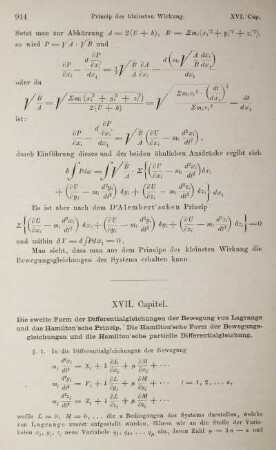 XVII. Capitel. Die zweite Form der Differentialgleichungen der Bewegung von Lagrange und das Hamilton'sche Princip. Die Hamilton'sche Form der Bewegungsgleichungen und die Hamilton'sche partielle Differentialgleichung.
