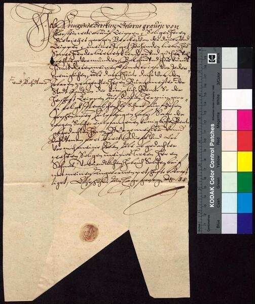 Kunigunde Berka von Duba, geborene Gräfin von Eberstein (Kunigunda Berckin eine geborne Gräffin von Eberstein), Witwe des Sigismund Berka von Duba auf Böhmisch Leipa (Leippe), bestätigt Bürgermeister und Rat der Stadt Bautzen den Empfang der königlichen Jahrrente i.H.v. 11 Schock 15 Groschen für die Herrschaft Leipa. | Digitalisierung: Stadtarchiv Bautzen
