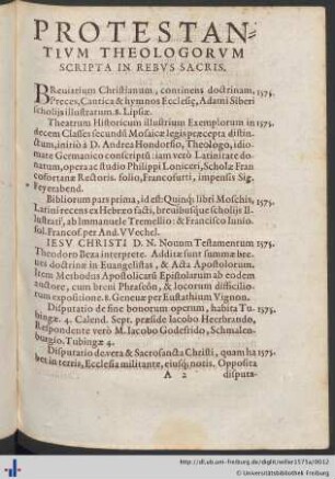 Protestantivm Theologorvm Scripta In Rebvs Sacris.