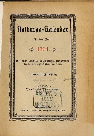 Notburga-Kalender : für das Jahr .... 16. 1894