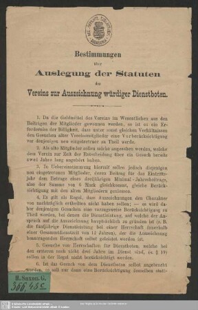 Bestimmungen über Auslegung der Statuten des Vereins zur Auszeichnung würdiger Dienstboten