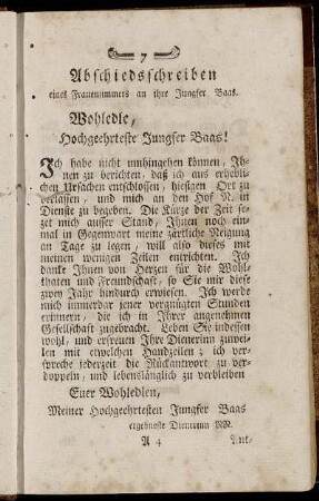 Abschiedsschreiben eines Frauenzimmers an ihre Jungfer Baas