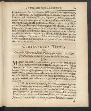 Controversia Tertia De Conjugio Filiorum Adami & Evae, qui nuptias in primo gradu ...