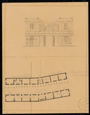 Passage, Berlin Monatskonkurrenz Februar 1832: ein Grundriss mit Ergeschoss, Halbgeschoss und Obergeschoss, perspektivische Straßenansicht