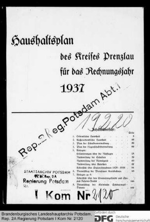 Haushaltsplan des Kreises Prenzlau für das Rechnungsjahr 1937