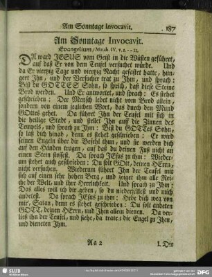 Am Sonntage Invocavit. Evangelium, Matth. IV. v. 1 - 11